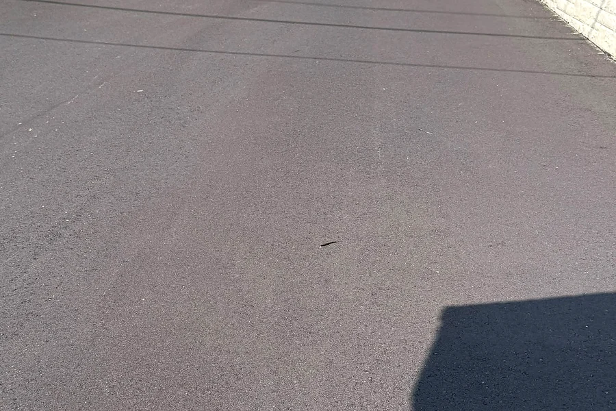 Asphalt side driveway between two houses
