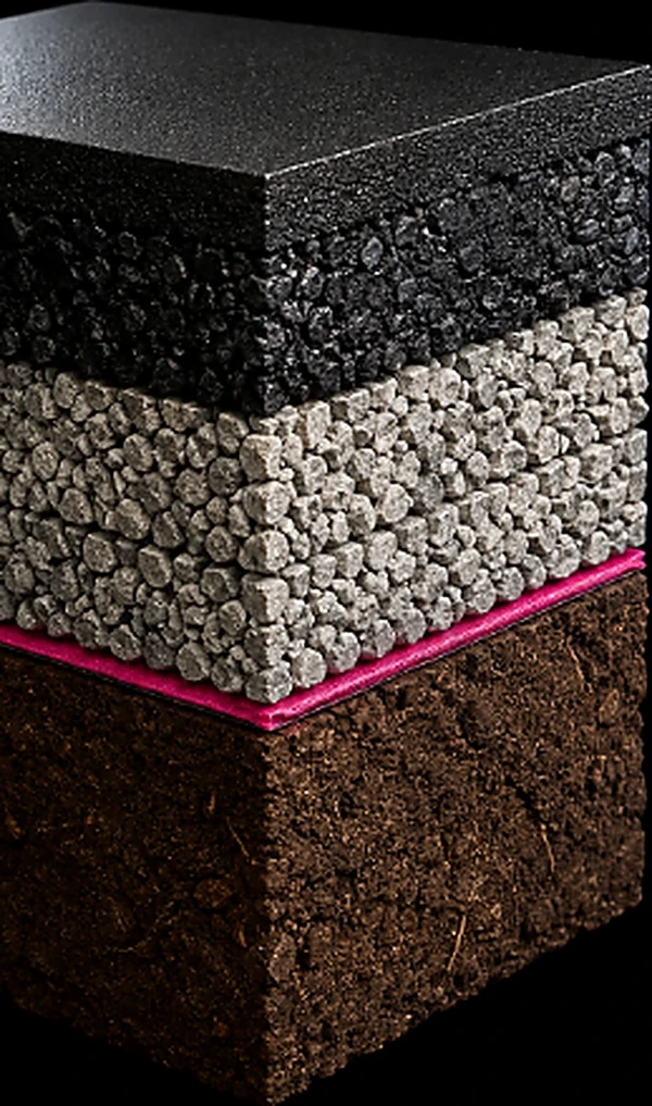 Photographic cross-section of a driveway build showing the asphalt surface course, asphalt base course, compacted granular base, magenta geotextile membrane and the soil subgrade beneath